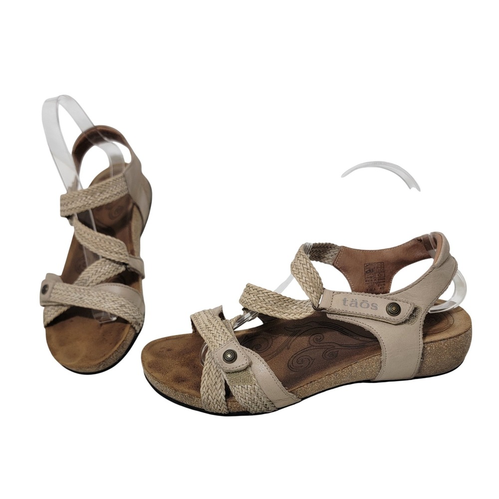 Taos Trulie Taupe Leather Woven Strappy Comfort Sandals Women 9-9.5 EUR 40 Spain
